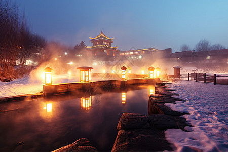 雪地温泉夜间户外温泉背景