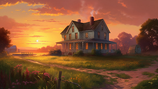日落时乡村的农舍背景图片