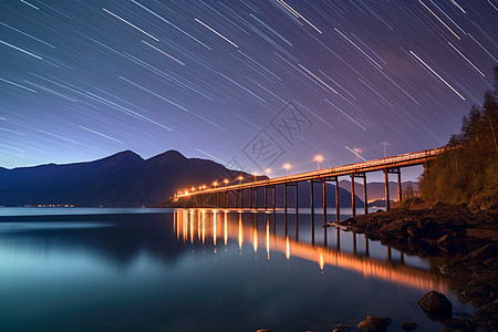 铁路桥梁星空下的栈桥设计图片