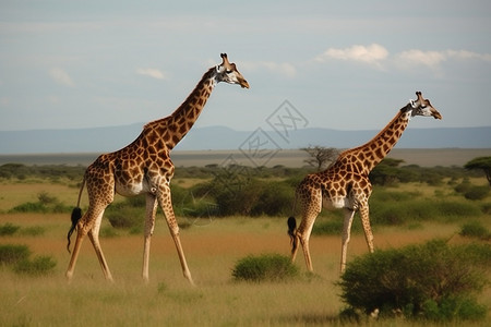 草原上两只行走的长颈鹿图片