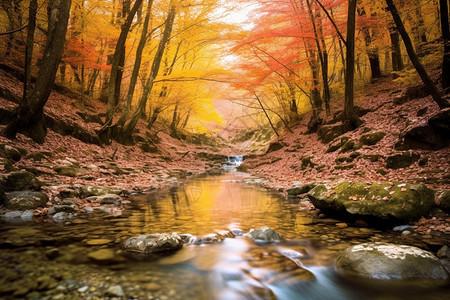 秋天森林中流动的河流图片