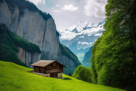 夏季山坡上的小屋背景