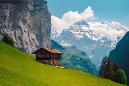 户外山坡上的小屋背景