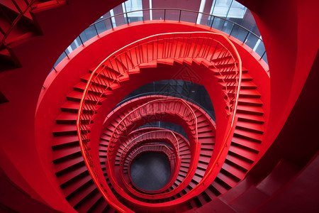 建筑中的高层红色旋转楼梯背景图片