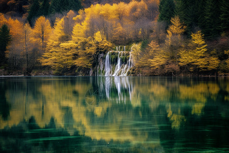 秋天森林中宁静的湖泊景观图片
