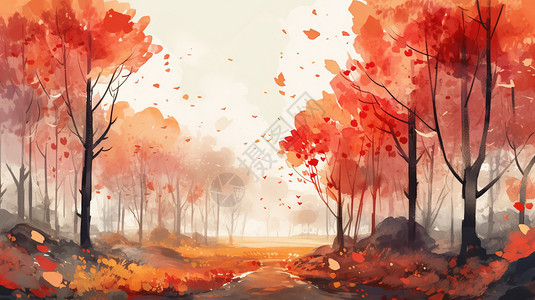秋天森林的水墨插画图片