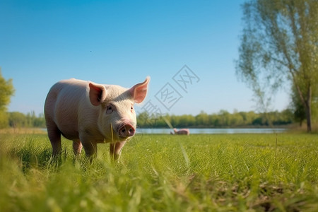 一只猪在草地前行背景图片