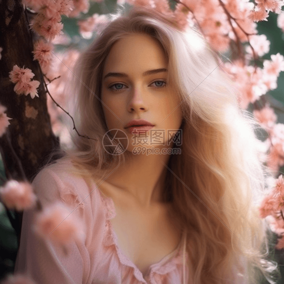 桃花树下的美少女图片