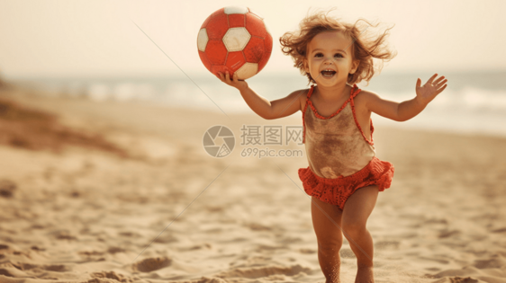 女孩在沙滩上玩球图片
