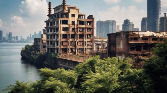 湖旁的废弃工厂大楼图片