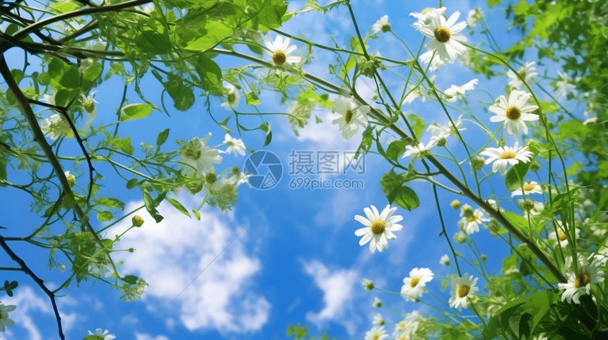 蓝蓝的天空雏菊绿色的枝叶图片
