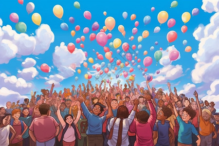 人们在欢呼气球飞上天空图片