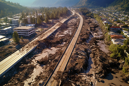 泥石流后受损的道路和建筑图片