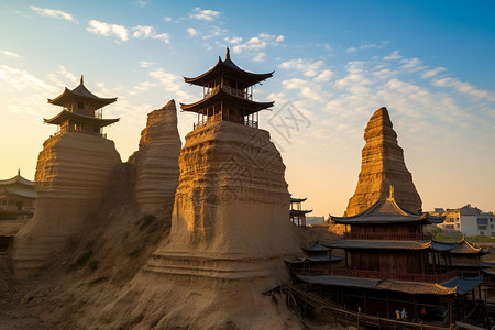 丘陵地区的古建筑背景图片