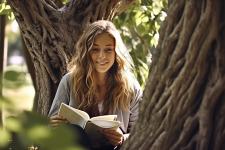 大树下阅读的年轻女子图片