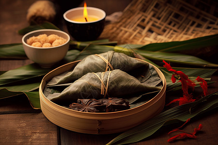 竹笼里的美食粽子背景图片
