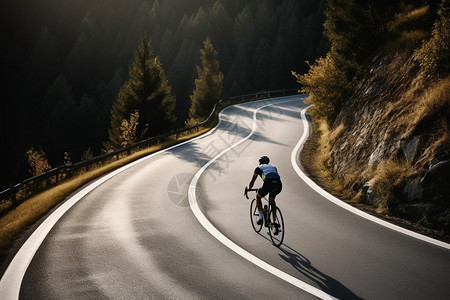 骑自行车沿着山路行驶图片