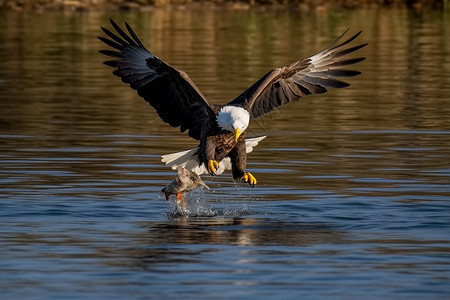 湖面上飞翔的秃鹰图片