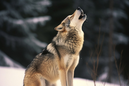 冬季森林中嚎叫的野狼图片