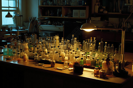科学家桌子的玻璃管和烧瓶图片
