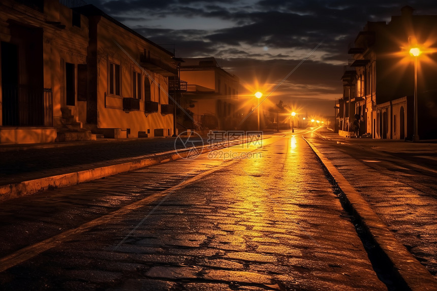 夜晚乡镇街道的路灯图片