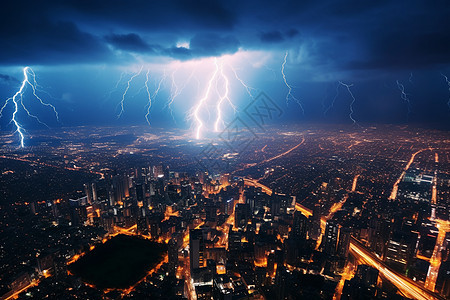 暴雨前雷电的城市全景图片