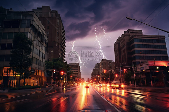 雷电下的城市景观图片