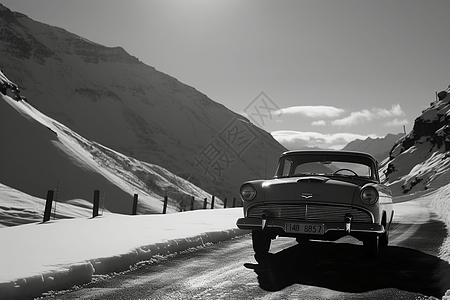 雪山上的老式汽车图片