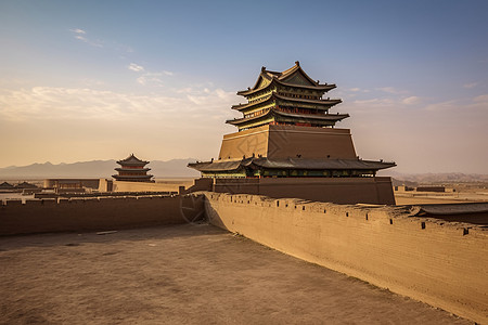 嘉峪关古城楼日落下的古建筑背景