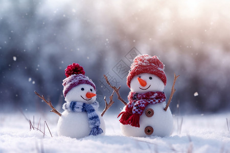 雪地里戴围巾帽子的雪人图片