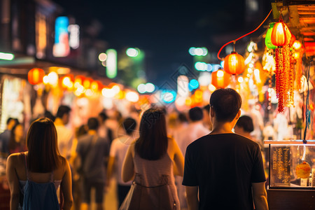 城市人群热闹的夜市商店背景