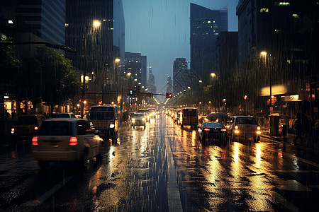 雨天街景夜晚的雨中城市背景