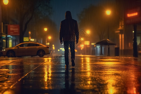 独行的行人在雨中图片