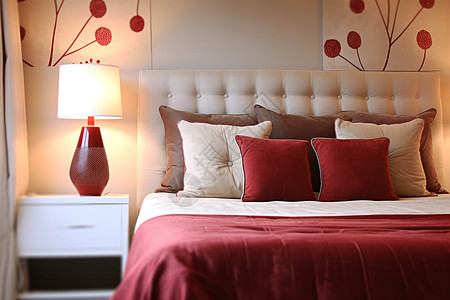 红色的枕头浅红色卧室高清图片