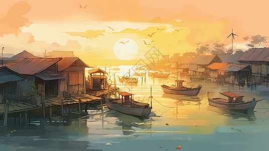 日出时渔船在平静的海面上图片