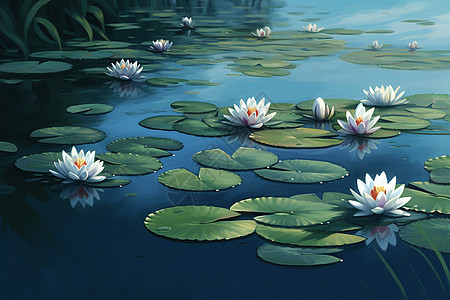 池塘里盛开的百合花图片