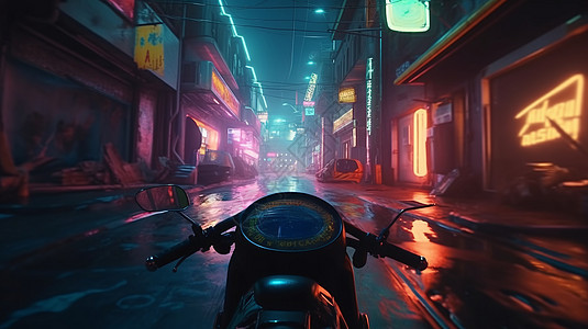 霓虹街道的摩托车图片