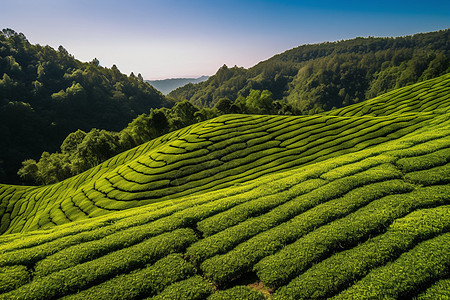 绿茶田遍布山区高清图片