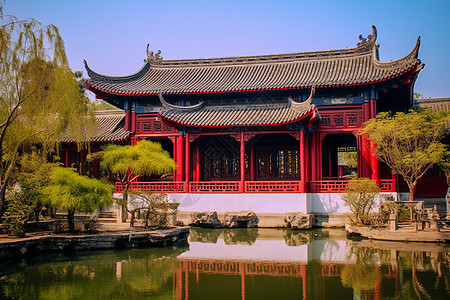 湖面上的中国传统建筑图片