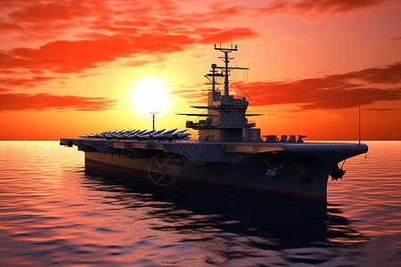 日落海红色的天空下的军舰设计图片
