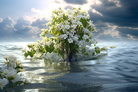 洪水中绽放的绿色植物图片