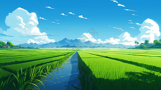 蟹田大米晴朗蓝天下的绿色稻田插画