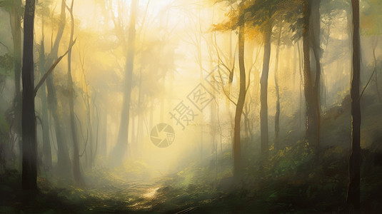 黎明时的迷雾森林图片