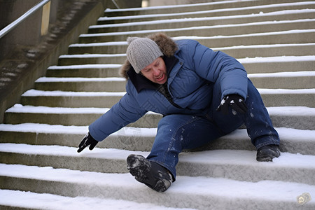 雪地里滑倒在楼梯上的人图片