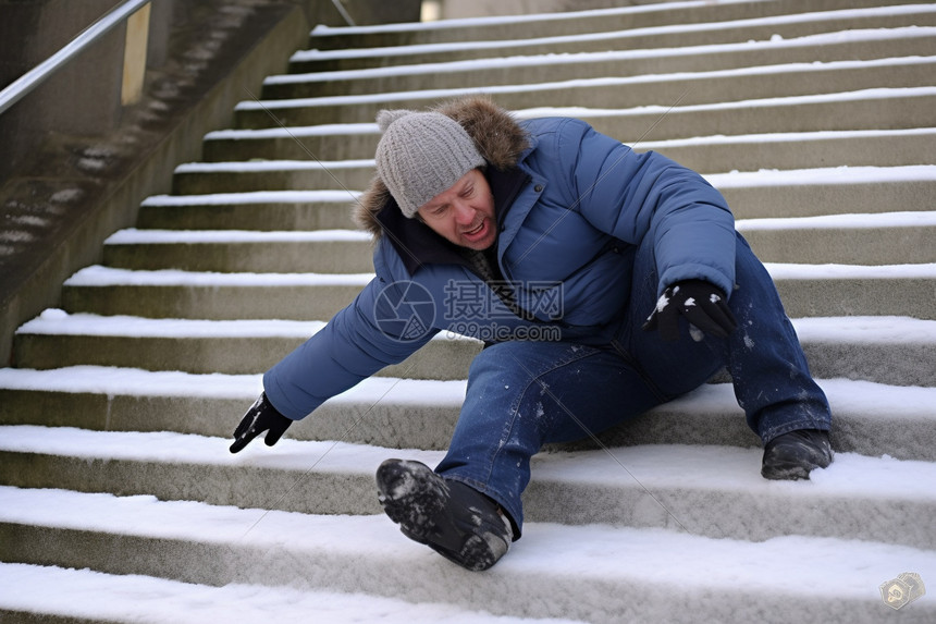 雪地里滑倒在楼梯上的人图片