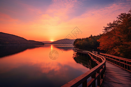 秋天湖边湖边的朝霞背景