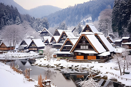 湖边的房子雪景下的房子背景