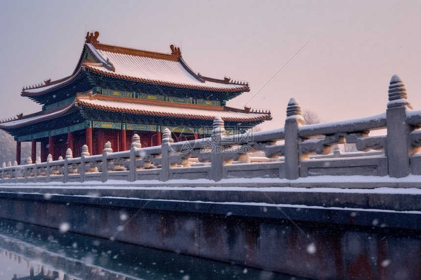 雪中的古建筑图片