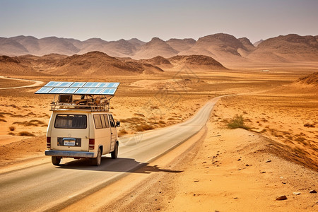 露营车在沙漠公路行驶图片
