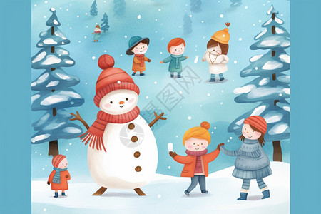 冬天雪人和儿童快乐玩耍图片